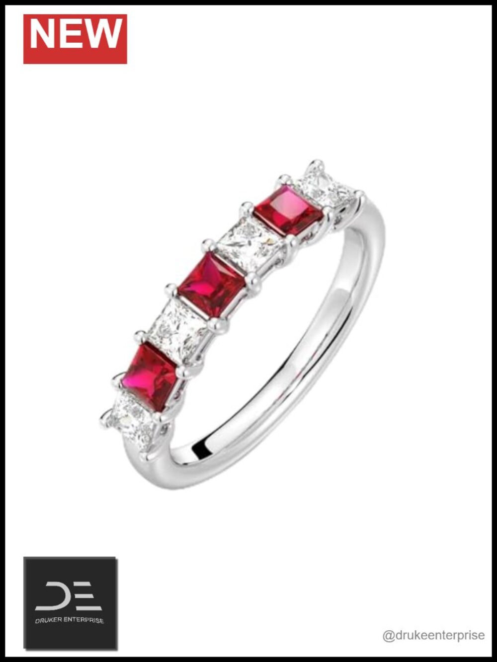 Sterling Silver Created Ruby Princess Cut Ring GRC Certified Pave Setting Half